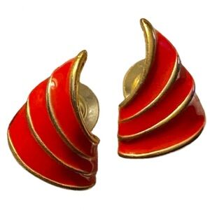 Elegant Vintage 80s Red Enamel Gold Metal Swirl Earrings Ralph Lauren Signed